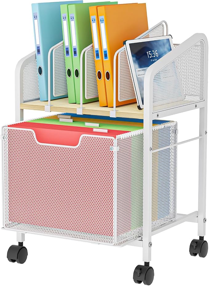 Tiaoheka Rolling File Cabinet with Adjustable Dividers, Mobile Filing Cabinet with Storage Drawer on Lockable Wheels, Hanging File Organizer Beside Under Desk for Office, Home, White(Patent Pending)