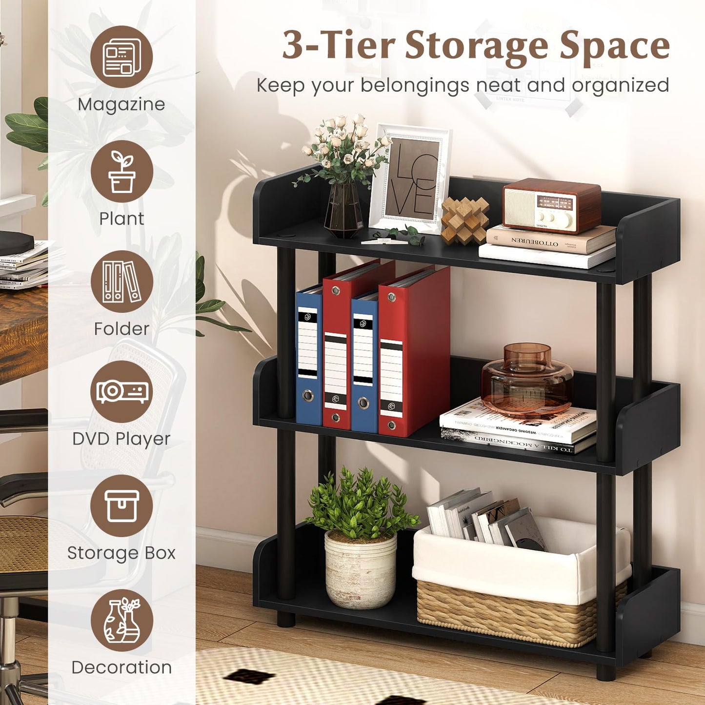 Tangkula 3-Tier Bookshelf, Multipurpose Wood Standing Display Rack with Back and Side Panels, Industrial Open Bookcase, Storage Organizer for Living Room Kitchen Office (Black, 1 Pack, 3-Tier)