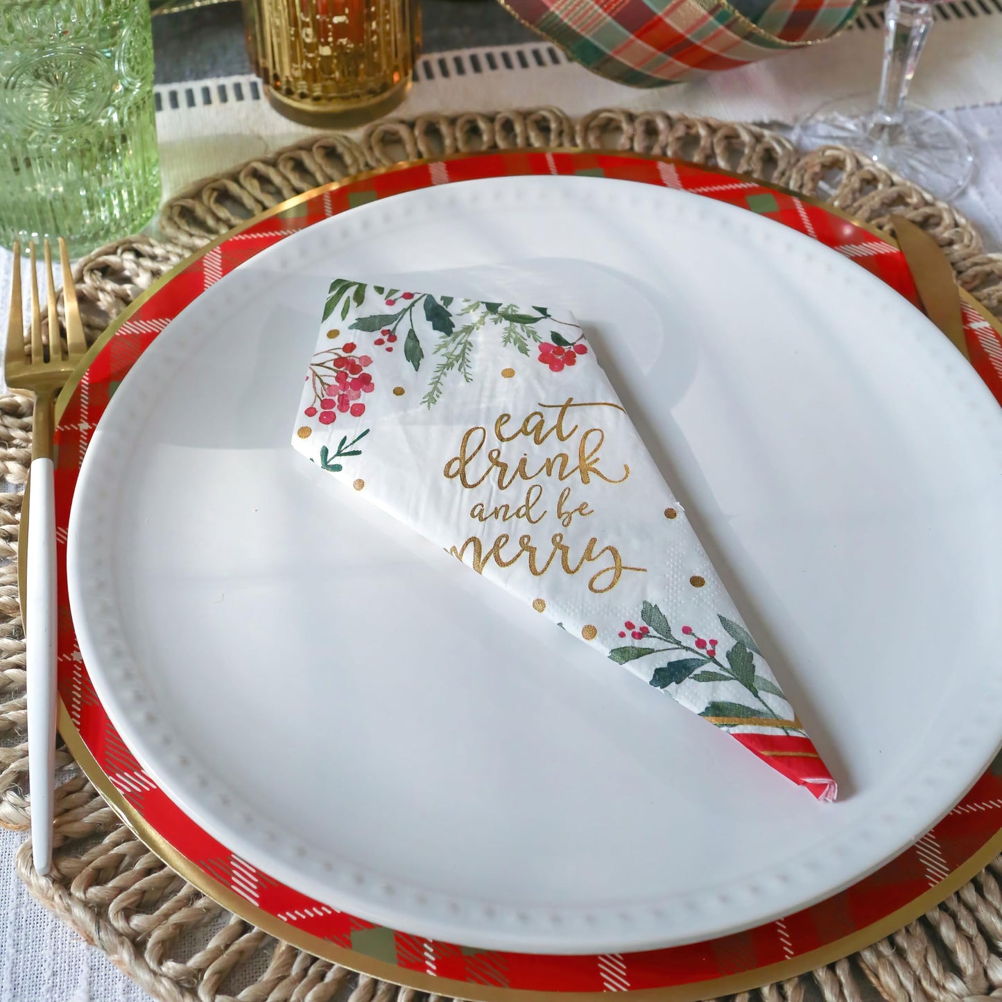 Kate Aspen 62pc Christmas Tableware Set Holiday Dinner Party Kit - 16pcs 7 inch & 9 inch Heavy Duty Disposable Party Plates, 30pcs 6.5 inch Durable Paper Napkins