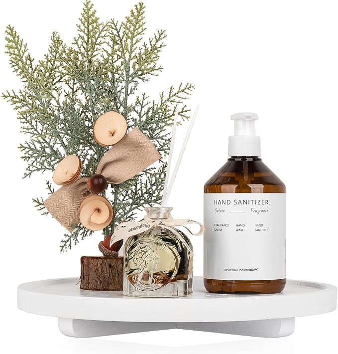 Round Decorative Tray Wood Bathroom Counter Organizer Farmhouse Kitchen Decor Wooden Riser for Soap Dish, Perfume, Candle, Sponge, 11" - White