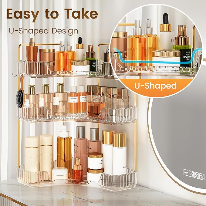 Corner Bathroom Counter Organizer 3-Tier Bathroom Organizer Countertop with Hooks Perfume Organizers Storage Shelf for Makeup & Skincare Dresser-Clear