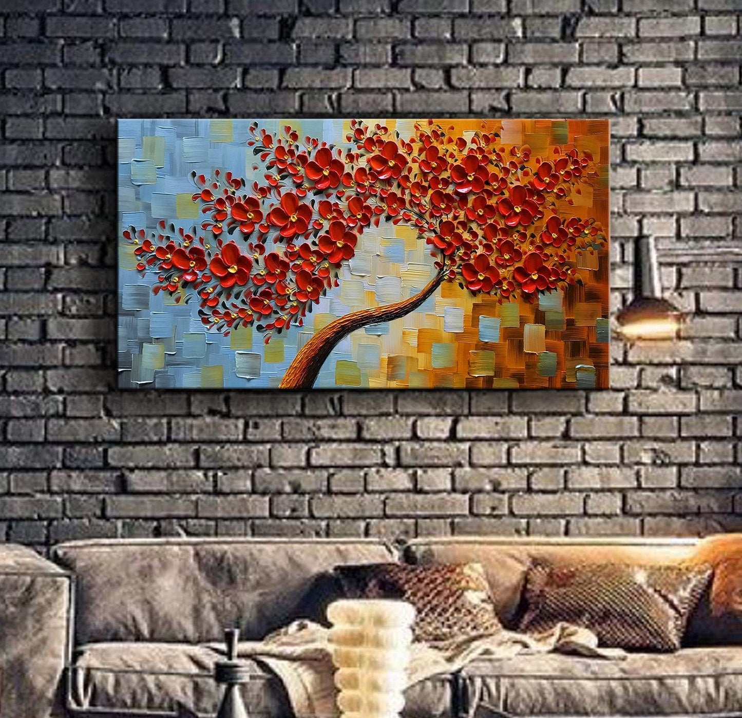 YaSheng Art- hand painted Contemporary Art Oil Painting On Canvas Texture Palette Knife 3D Red Flowers Tree Paintings Abstract Art Home Modern Bedroom Dining Room Living Room Wall Art Decor 20x40inch