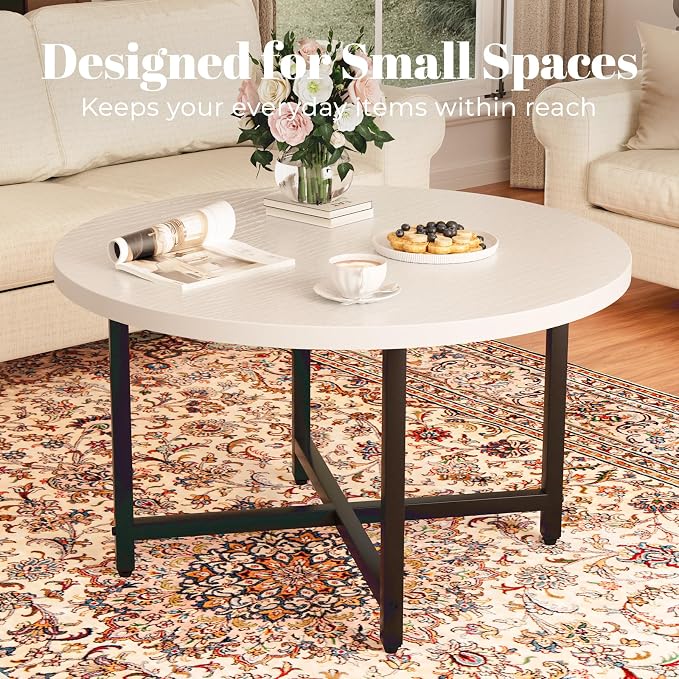 FAMIDGE Round Coffee Table, Small Coffee Tables for Living Room, Low Wood Coffee Table with Metal Frame, Floor Table Desk for Sitting on The Floor, Home, Office, White(23.6" D x 17.7" H)