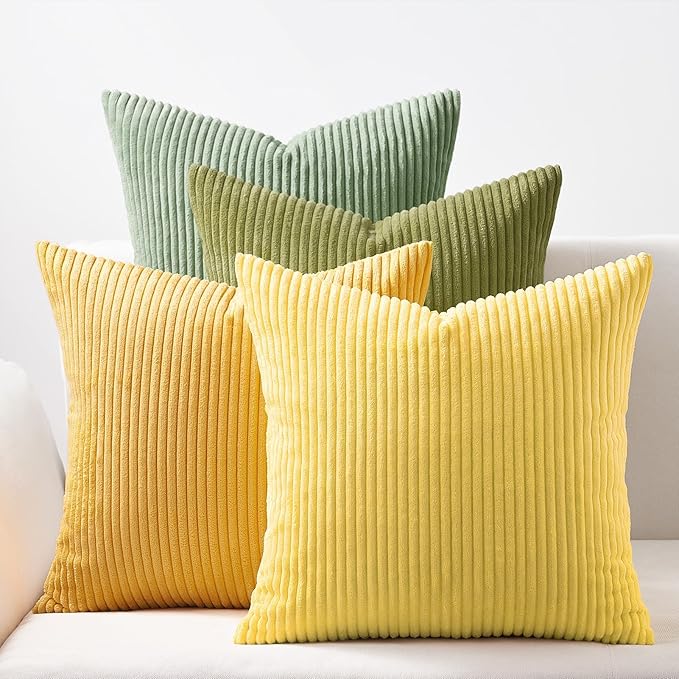 Topfinel 22x22 Decorative Large Throw Pillows Covers Set of 4,Yellow Green Mix Design Corduroy Bed Cushion Case,Couch Sofa Living Room Euro Shams No Insert,Summer Home Decor