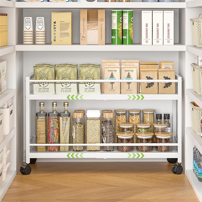 1 Pack 2-Tier Expandable Pantry Floor Organizer Cart, Rolling Pantry Storage Cart with Wheel, Adjustable Can Organizer for Kitchen Pantry, Pantry Shelves and Storage Rack for Snacks, Vegetables, White