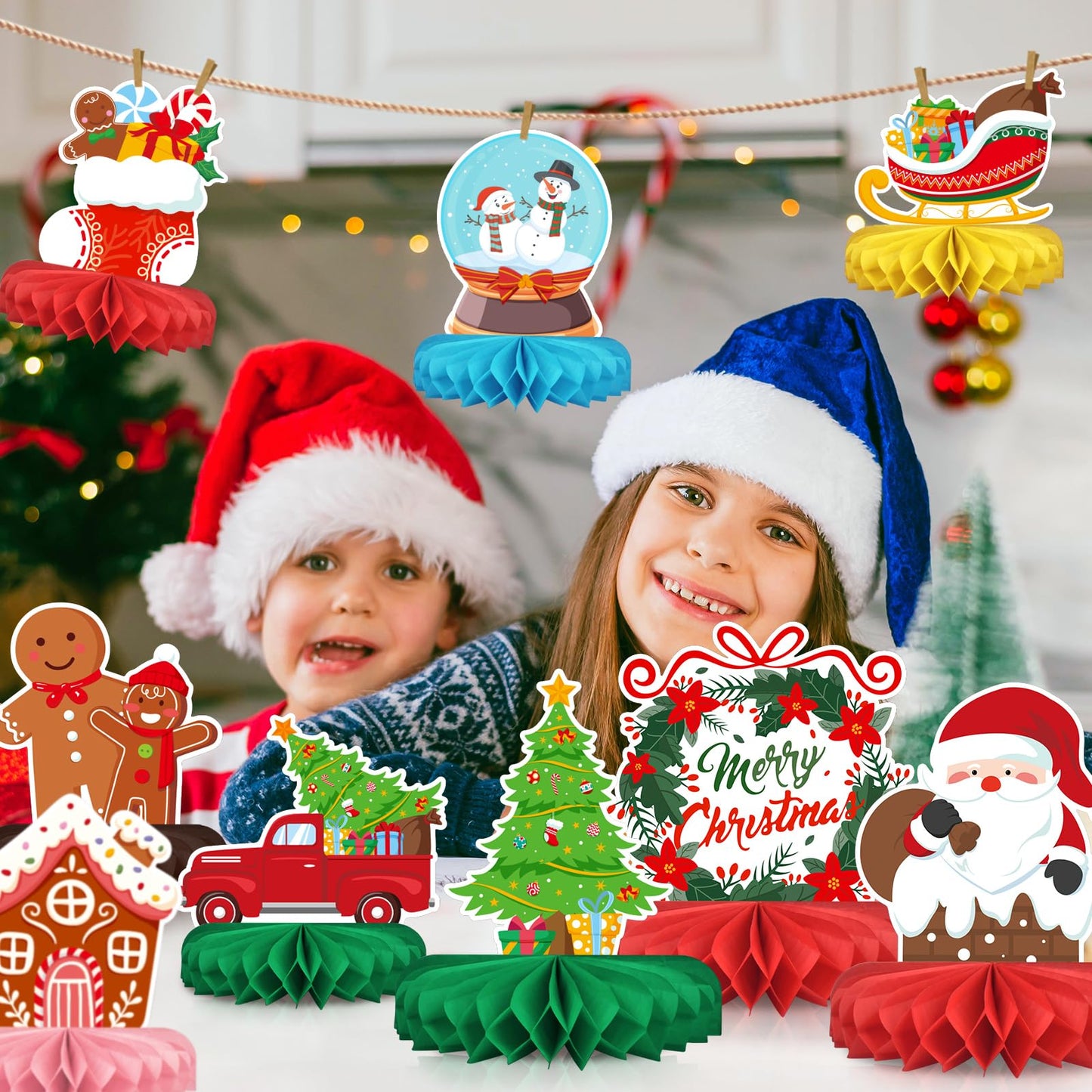 Merry Christmas Party Decorations Bundle - Includes Festive Christmas Honeycomb Centerpieces ,Santa Claus Snowman Table Toppers, Perfect for Classroom Decor, Christmas & Winter Birthday Party Supplies