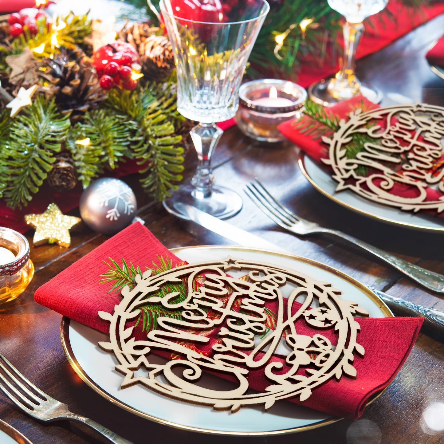 12 Pcs Christmas Wooden Plate Decor Merry Christmas Wood Cutouts Winter New Year Party Place Card Table Settings Signs for Farmhouse Dining Table Holiday Tree Decoration Ornament Flowers