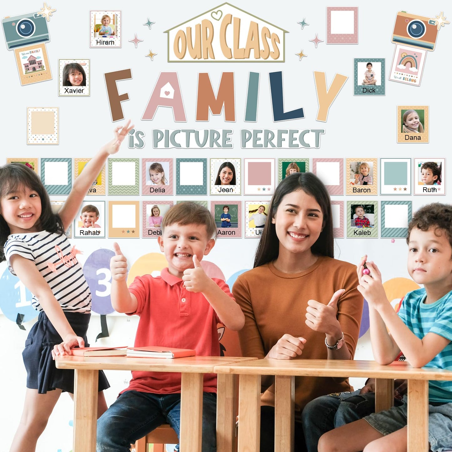 Watersay 52 Pcs Boho Bulletin Board Decor for Classroom, Our Class is a Family Picture Frame Bulletin Board Set for Teachers Chalkboard School Home Door Decor