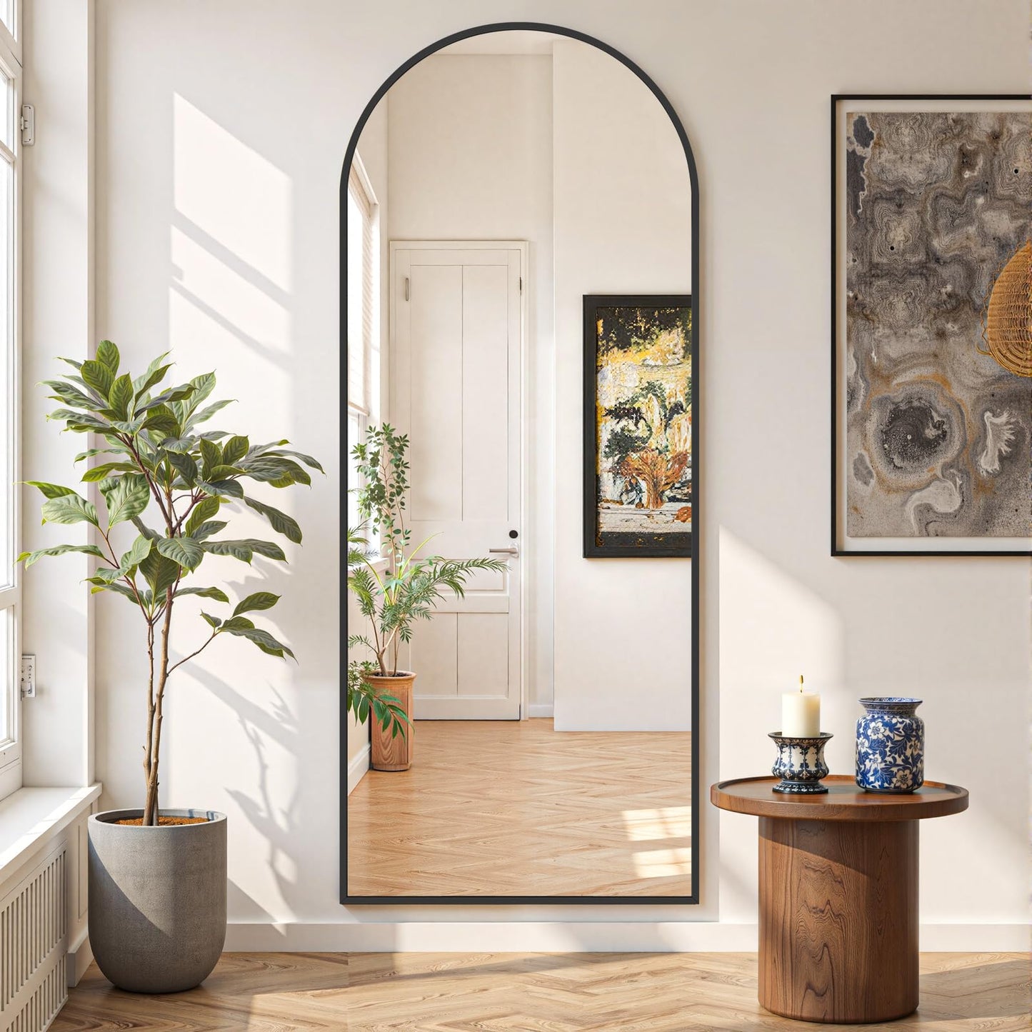 Mirror Full Length 64"x21" Full Body Floor Mirror with Stand, Shatterproof Glass, Aluminum Alloy Frame, Free Standing Wall Mounted or Leaning Arched Mirrors for Bedroom Living Room Entryway