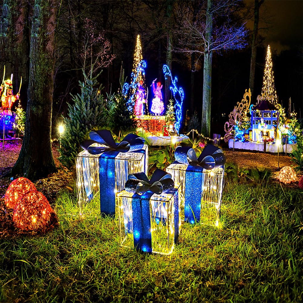 Christmas Decorations, Purtuemy Set of 3 Christmas Lighted Gift Boxes 140 LED Light up Present Ornament for Tree Indoor Outdoor Yard Holiday Door,Warm White