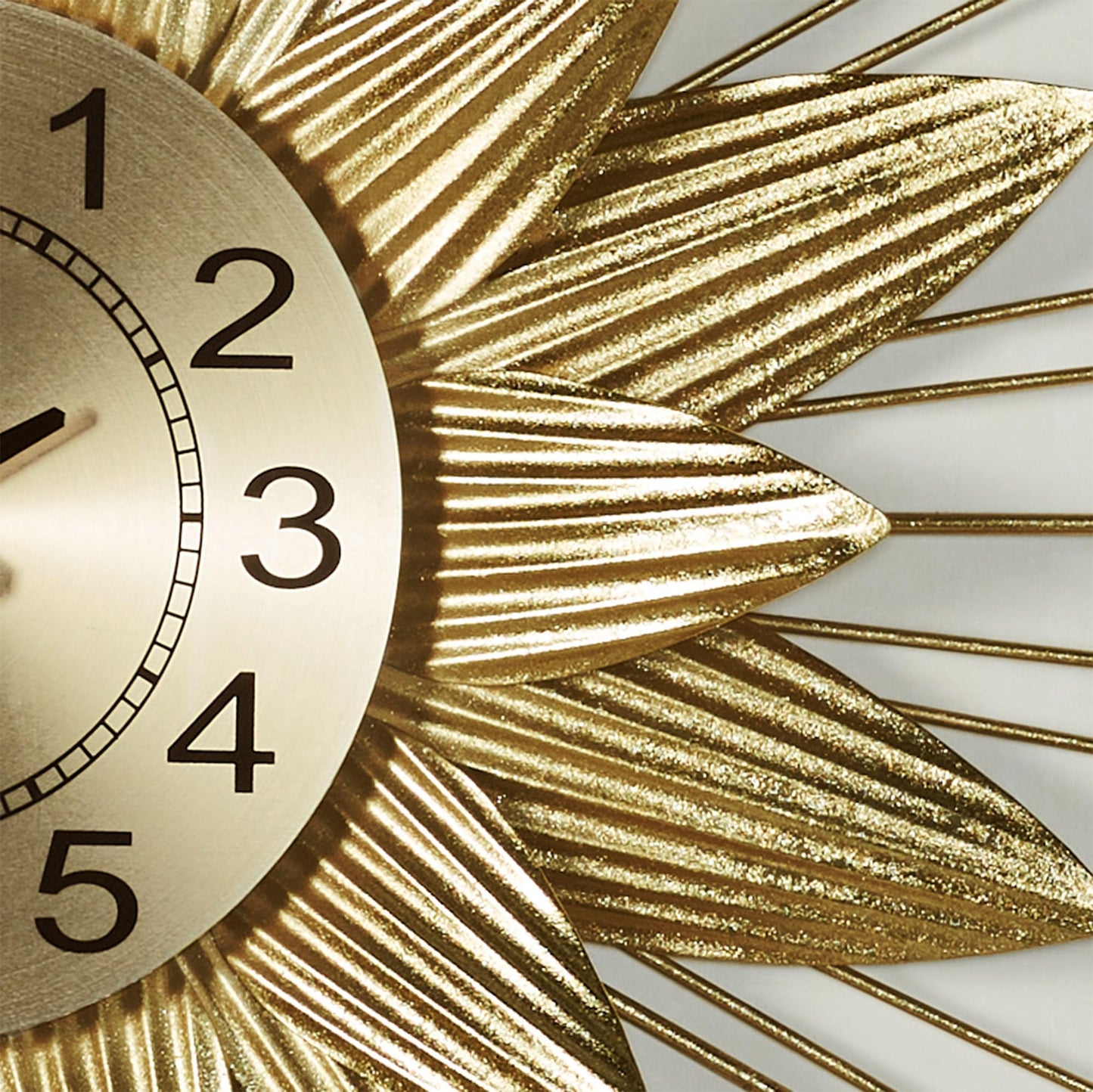 Radiant Burst Multi-Layered Wall Clock | Metallic Gold Foil Finish | Center Quartz Movement Wall Clock with Bold Numerals | Radiating Abstract Sunburst or Flower-Like Shape With Layered Rods & Petals