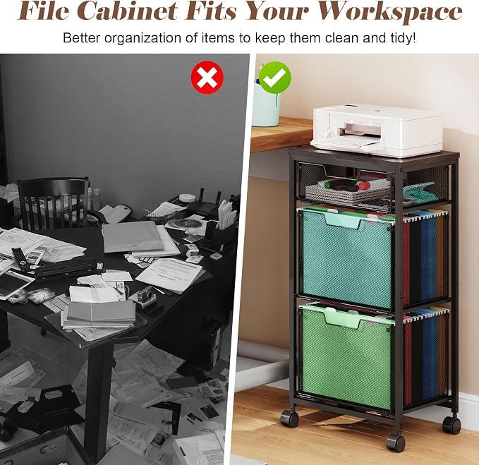 Sbanmao 3 Drawer Mobile File Cabinet for Home Office, Rolling Filing Cabinet on Lockable Wheels, Hanging File Folders Organizer, Utility Cart Storage and Organizer, Printer Stand, Black