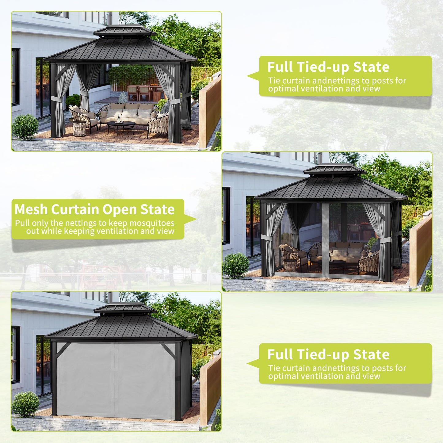 10x12FT Hardtop Gazebo, Heavy-Duty Aluminum Frame Canopy with Galvanized Steel Double Roof, Outdoor Pergola with Mosquito Netting & Waterproof Curtains for Patio, Backyard, Deck & Lawn