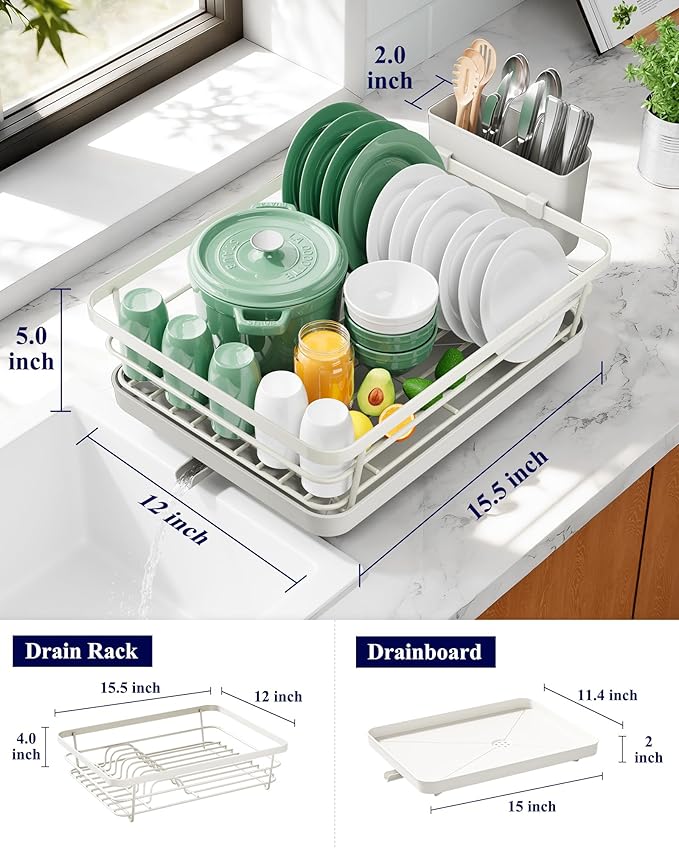 Kitsure Dish Drying Rack for Kitchen Counter, Stainless Steel Sink Organization and Storage Essentials with Cutlery Holder, Home and Appartment Decor, 12''W x 15.5''L, Light Grey