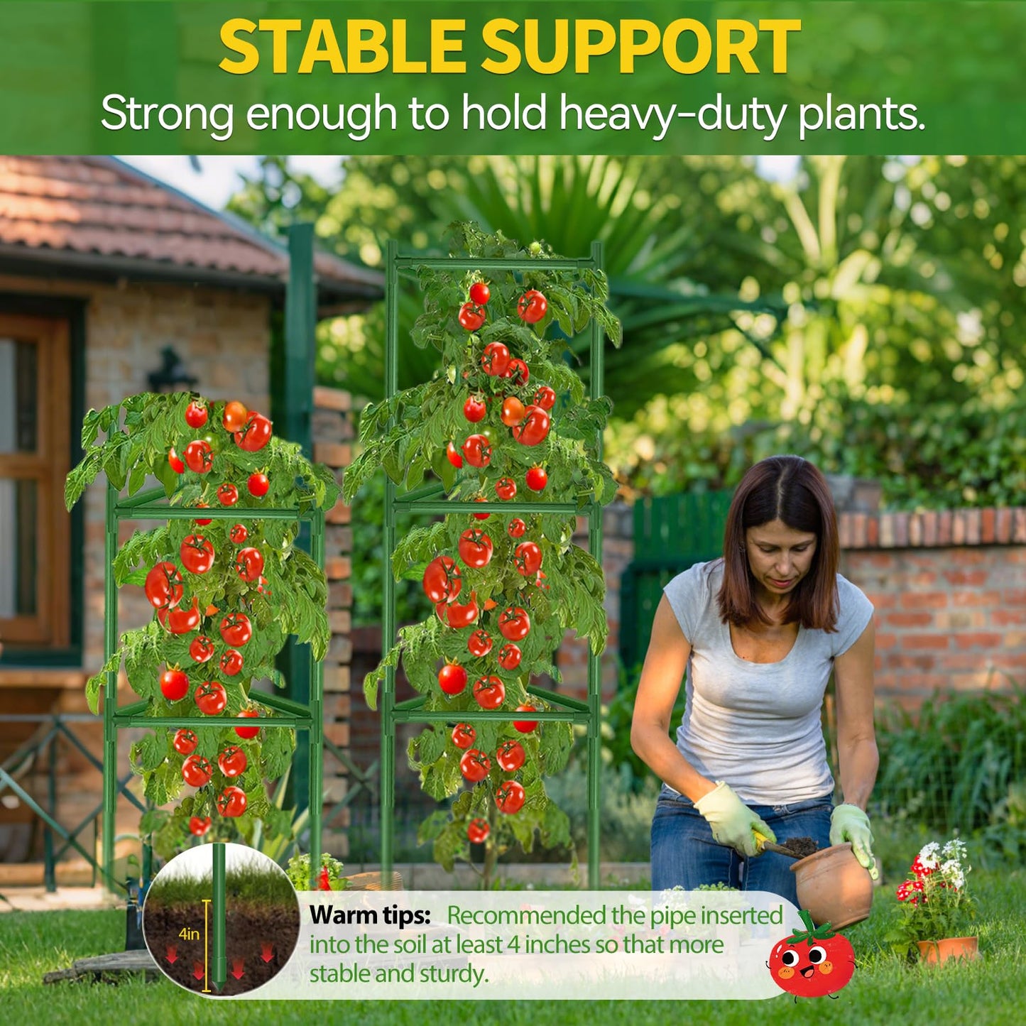 2 Pack Large Tomato Cage for Garden Up to 49" H X 16" W Metal Plant Support Stakes with Clips Triangle Pea Cages Cucumber Trellis for Vegetables Pots Vines Flowers Climbing Plants