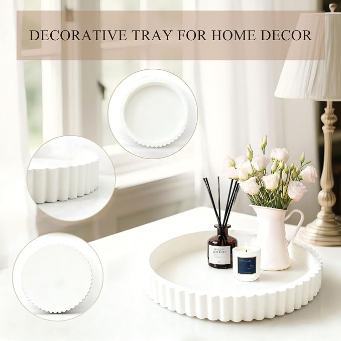 Decorative Tray for Coffee Table Decor, 11" Round Wooden Coffee Table Tray, Modern Decorative Trays for Home Decor, Living Room, Entry, Dining Room (White)