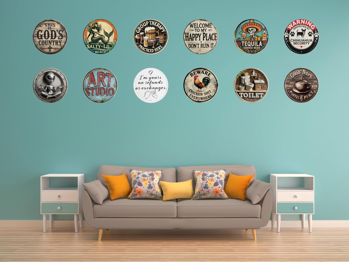 Welcome Sign for Front Door Round Metal Welcome to My Happy Place Plaque for Home Office Bedroom Kitchen Dining or Bar Decor 8x8 In