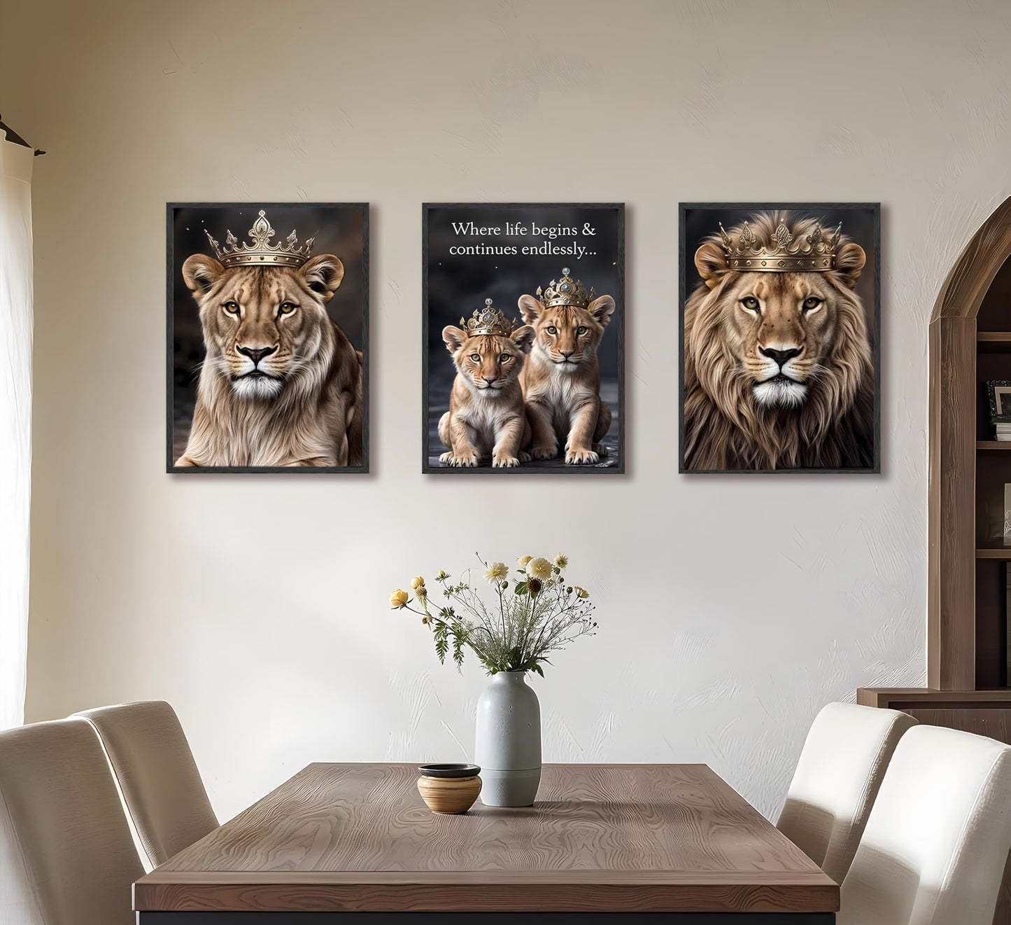 FJKLRP 3pcs Lion Family Canvas Wall Art The Lion King and Queen with Crown Prints Posters Modern Motivational Animal Wall Decor Paintings for Home Bedroom Living Room Office Decoration Unframed