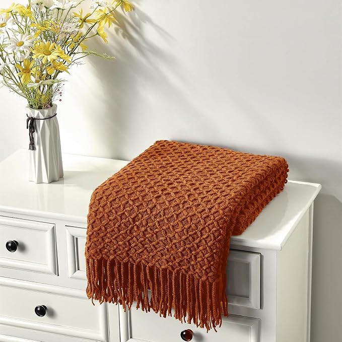 CREVENT Farmhouse Boho Knitted Throw Blanket for Couch Sofa Chair Bed Home Decoration, Soft Warm Cozy Light Weight for Spring Summer Fall (50''X60'' Caramel/Rust Burnt Orange)