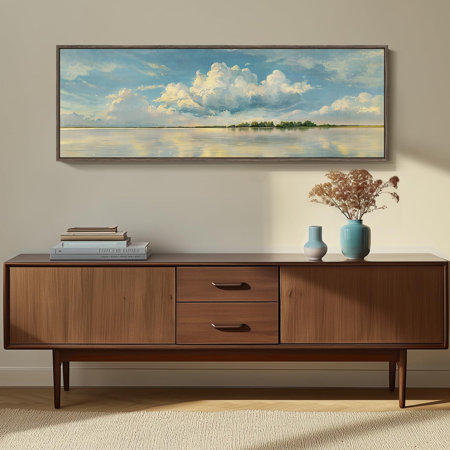 Framed Blue Landscape Canvas Wall Art, Sky Cloud Artwork for Walls, Horizontal Nature Scenery Painting Prints for Living Room, Bedroom, Home Office Wall Decor 16x48 Inch