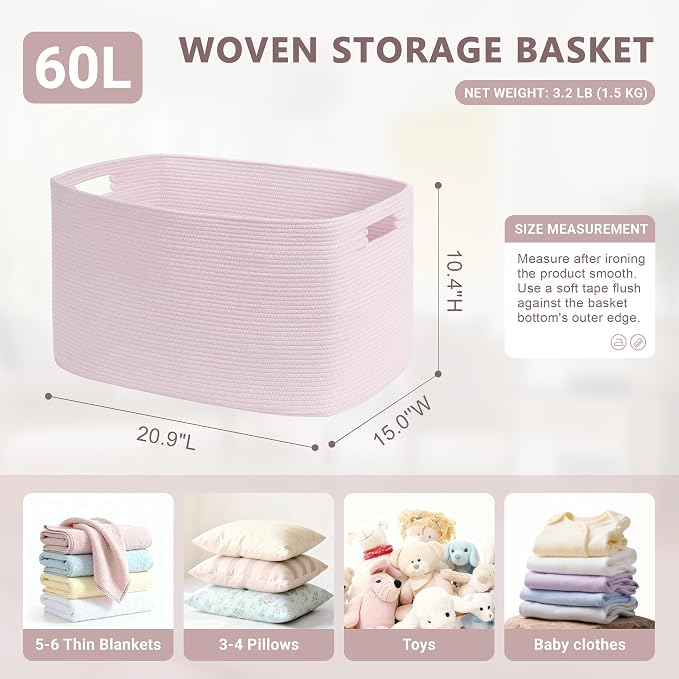 60L Small Baby Girls Laundry Basket for Nursery Storage,Cute Woven cotton Rope Baskets for Kids Toy,Gifts, Boho Square Wicker Blanket hamper for Living Room,Bedroom Dirty Clothes,Pink