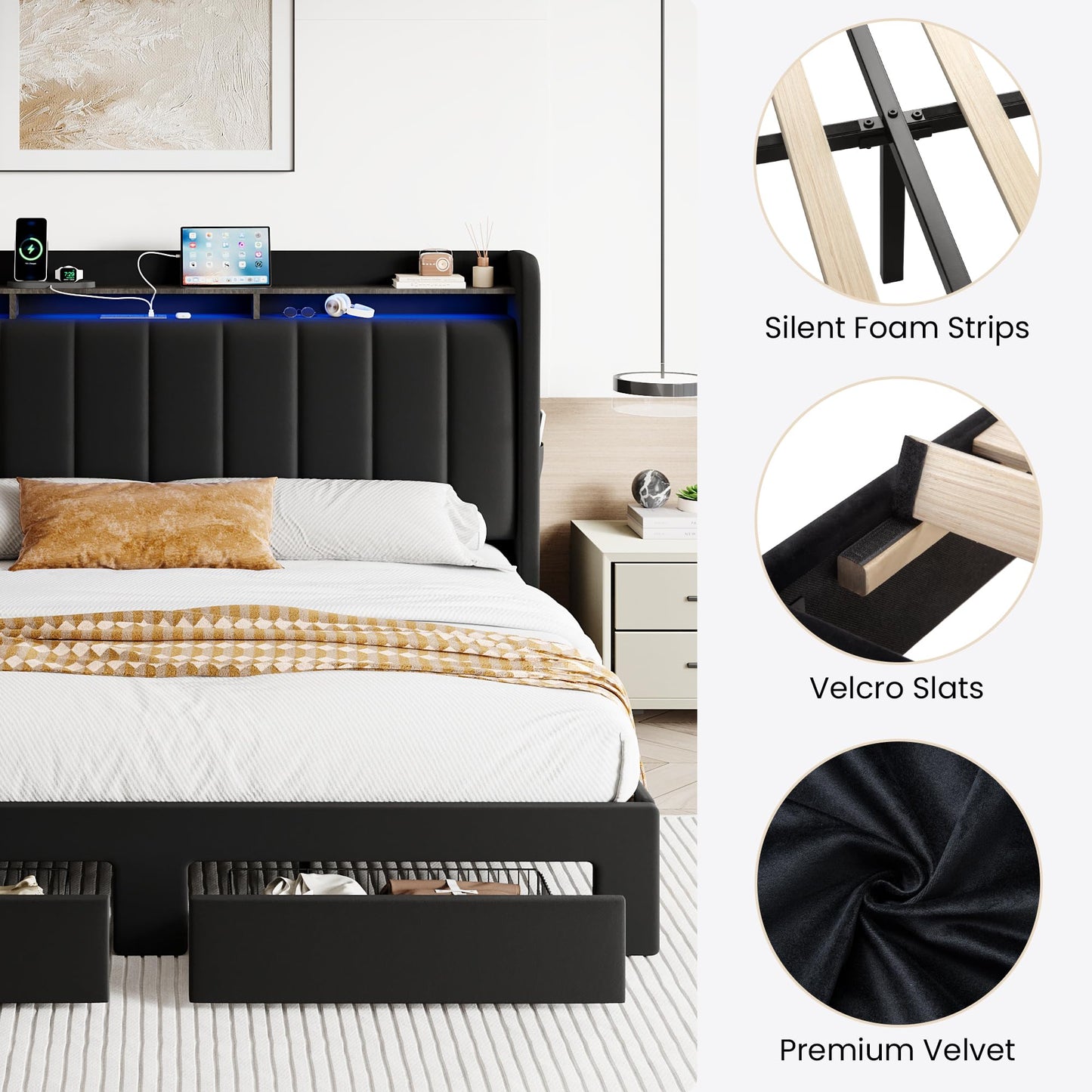 SHA CERLIN Velvet King Size Bed Frame with Vertical Channel Tufted Wingback Headboard & 2 Storage Drawers/2-Tier Shelves with LED Lights & Charging Station/Noise-Free/No Box Spring Needed/Black