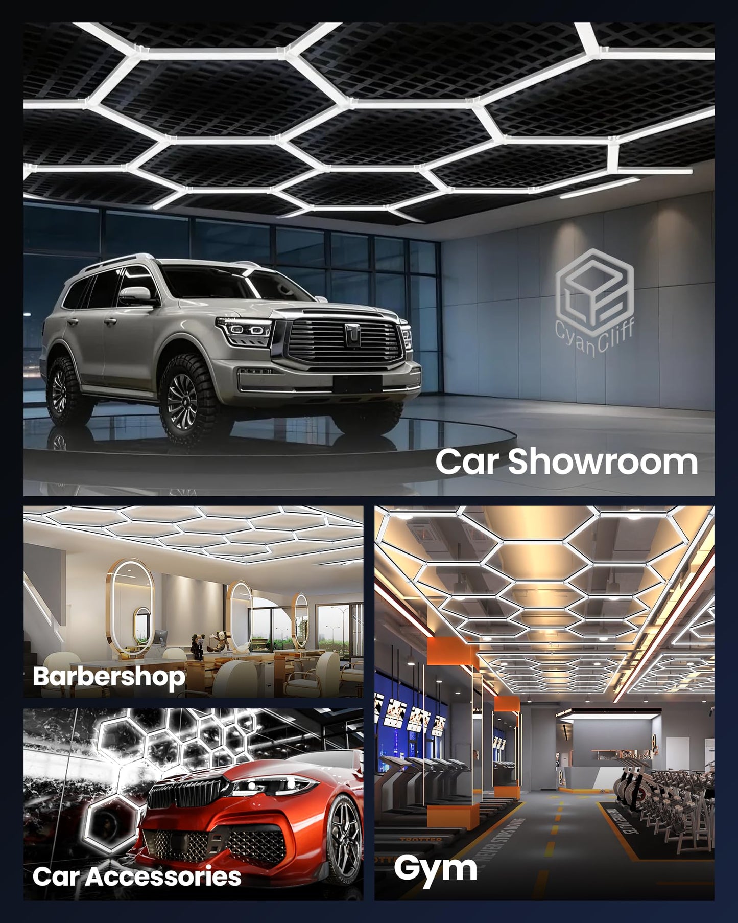 CyanCliff Updated Bigger Size 14 Grid Hexagon Garage LED Lights with Widen 1.33IN Illuminated Surface, 108000LM Led Lights System for Garage, Basement,Warehouse(White Edge) Patent No.US0D1109406S