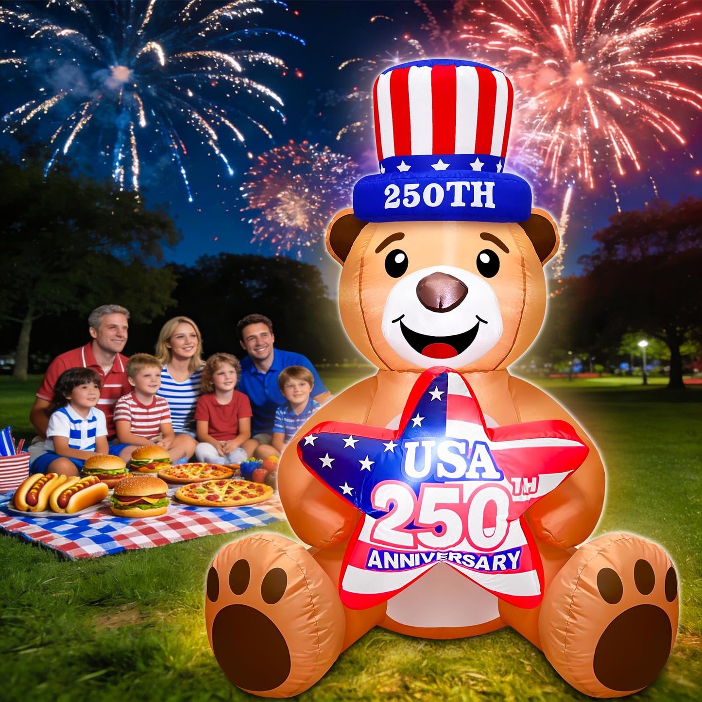 4 Ft Inflatable Uncle Sam Bear with USA 250th Anniversary Star Build-in LED Lights Blow up 4th of July Outdoor Decorations for Home Yard Lawn Garden Independence Day Memorial Day Decor