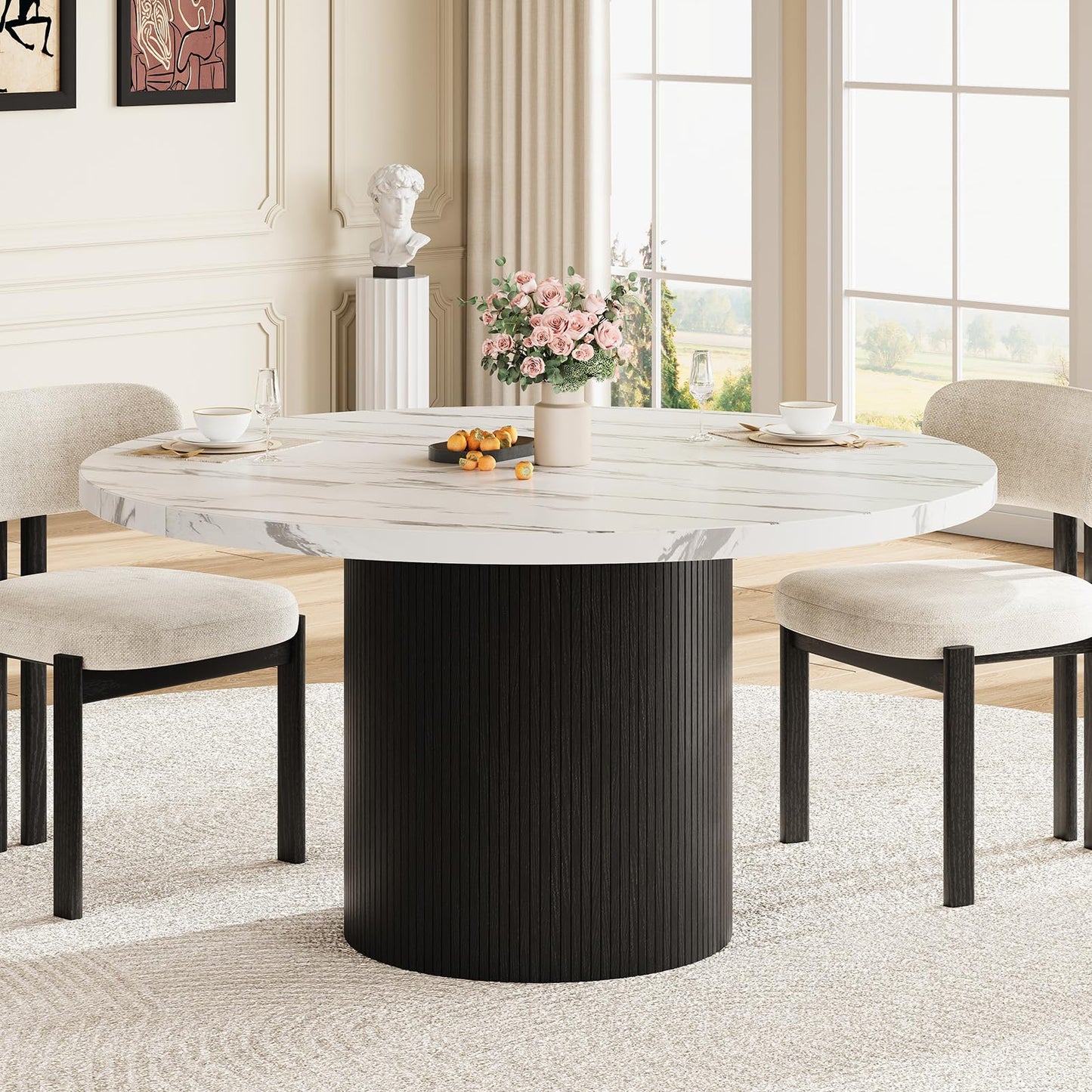 Round Kitchen Dining Table for 4-6 People, 47 inch Mid-Century Circle Dinner Tables, Rustic Wood Base in Fluted Design, Space Saving Dining Room Furniture, Large Table Only for Family Party, Marble