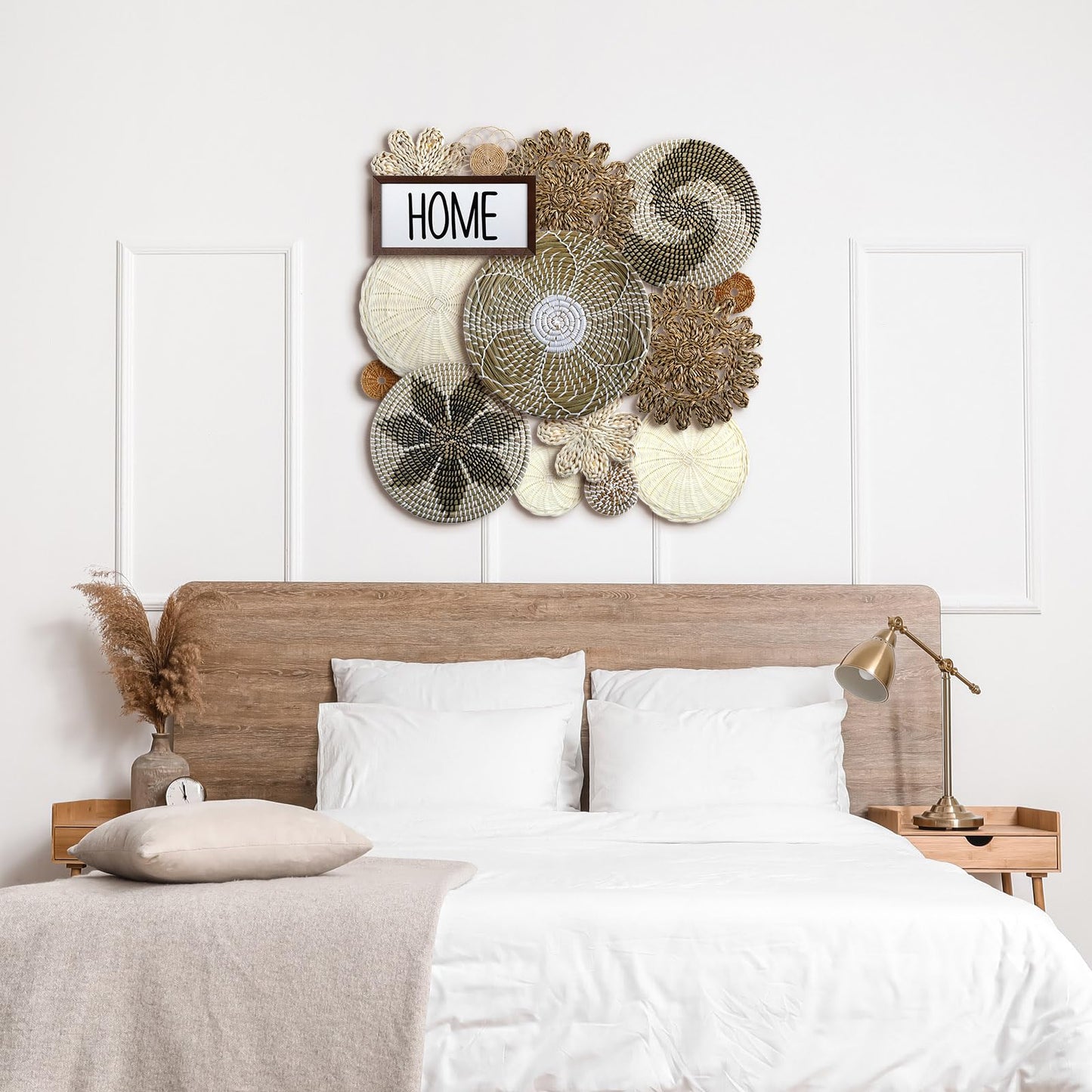 Xuhal 15 Pcs Boho Wall Basket Decor Handcrafted Seagrass Woven Wall Basket Rustic Round Woven Hanging Art for Home Farmhouse Kitchen Table Living Room(Elegant Style)