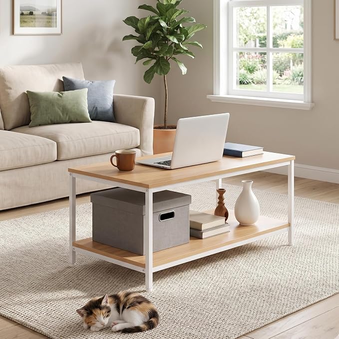 SUPER DEAL 2-Tier Industrial Coffee Table with Storage Shelf for Small Apartment Living Room, Rectangle Wood and Stable Metal TV Stand Side End Table, Natural Wood