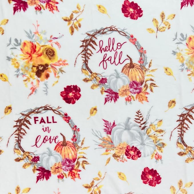 Serafina Home Fall Fleece Throw Blanket: Soft Harvest Hello Fall Pumpkin Floral Design, Autumn Colors on White, 70" x 50"