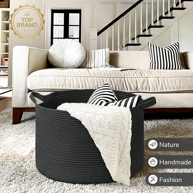 INDRESSME XXXLarge Blanket Basket 21.7" x 21.7" x 13.8" Woven Storage Baskets Soft Cotton Rope Toy Baskets Storage Kids Decorative Laundry for Home, Perfect for Living Room, Black