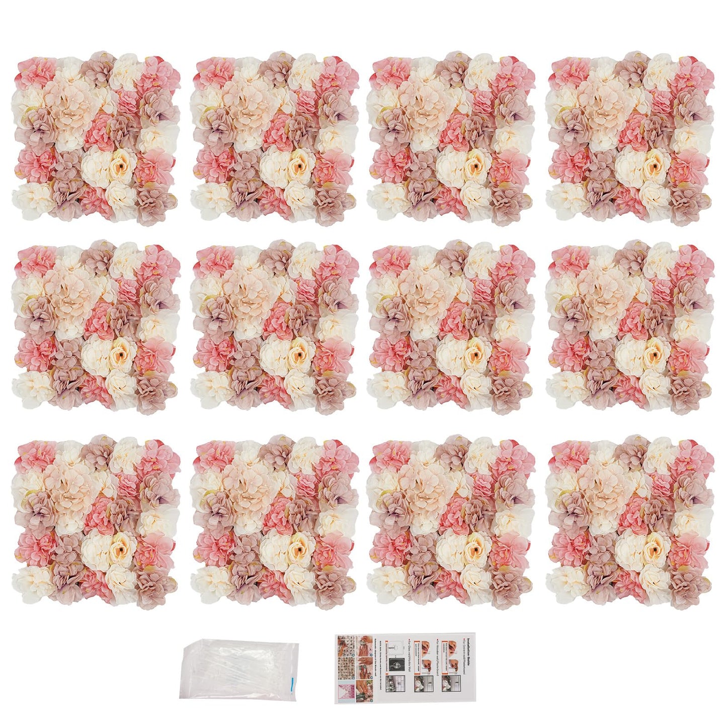 NeNchengLi 12Pcs Artificial Flower Wall Panel 3D Floral Backdrop Walls15 X 15" Flower Wall Decor Panel Flower Backdrop for Party Home Background Decor-Champagne, White, Pink