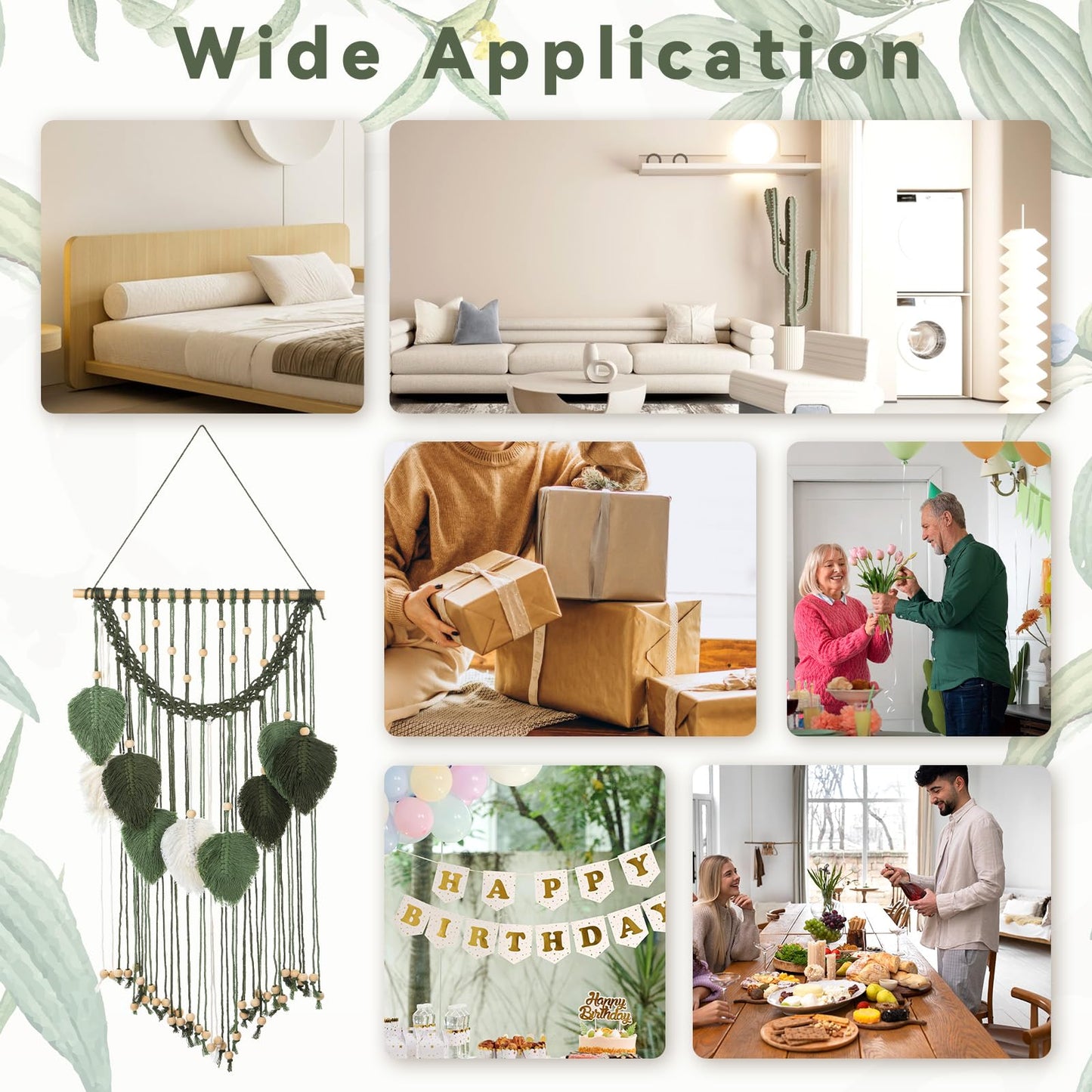 Oqqlin Green Macrame Wall Hanging, 15.7 x 29.9 Inch Boho Leaf Wall Decor Tapestry Sage Green Handmade Woven Leaves Feather Decorations for Bedroom, Living Room, Nursery, Apartment