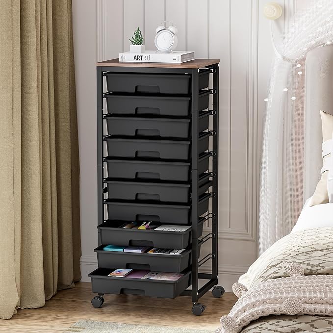 SYKIARIOL Rolling Cart with Drawers,10 Drawer Rolling Cart,Storage Cart,Utility Cart,Teacher Cart for Classroom Storage,Craft Cart with Wheels and Wooden Tabletop,Black