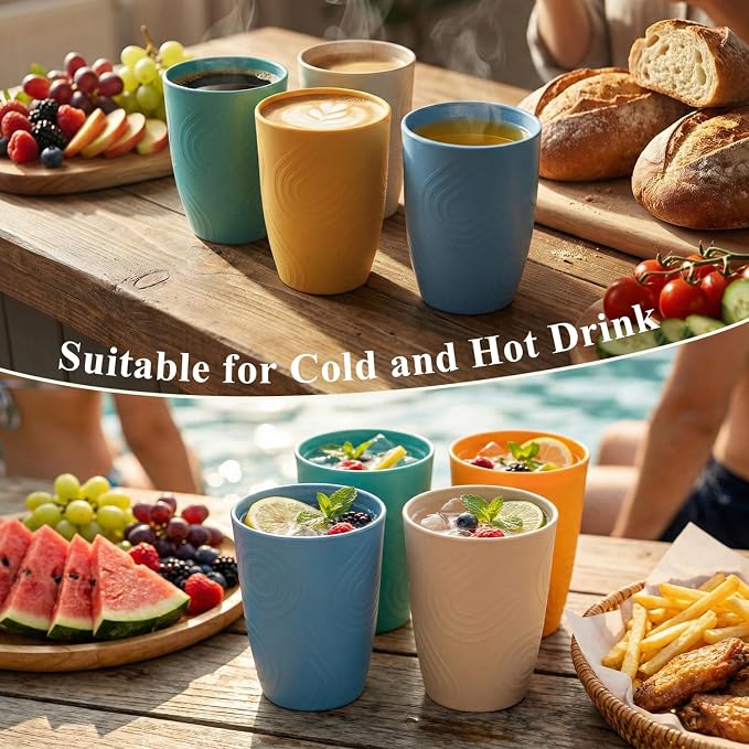 12oz Wheat Straw Cups Set of 6, Alternatives to Plastic Cups Reusable, Unbreakable Drinking Glasses, Microwave & Dishwasher Safe Drinking Cup, Small Water Cup for Kitchen, Party (Multicolor)