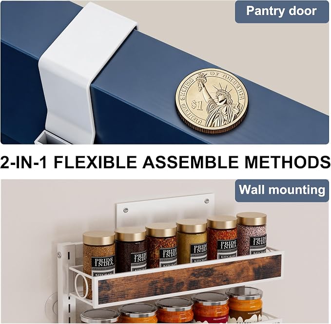 6 Tier Pantry Door Organizer Spice Rack, 2-IN-1 Wall Mount or Hanging Over Door Seasoning Organizer with Adjustable Baskets, Heavy Duty Behind Door Storage Shelves for Pantry, Cabinet and Kitchen