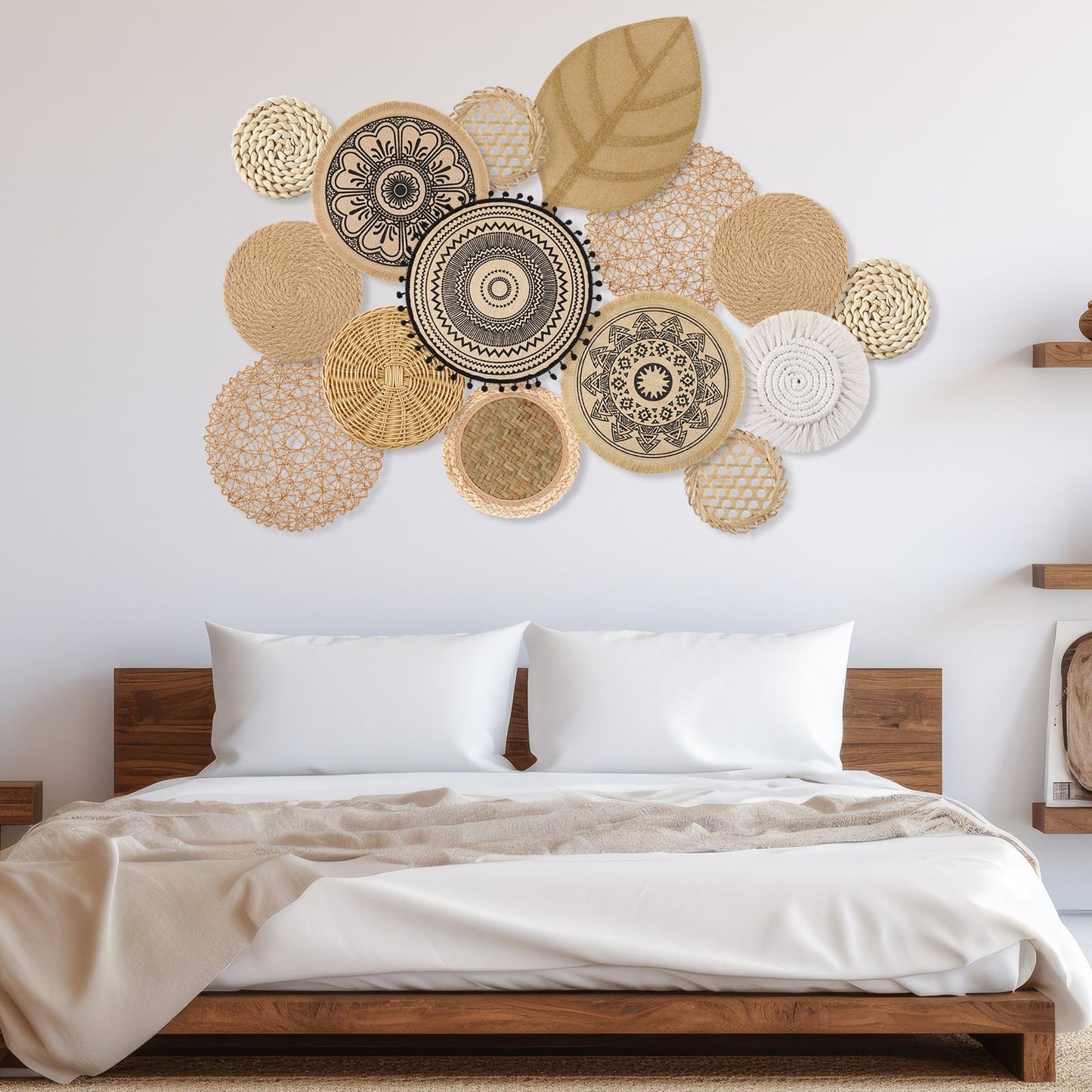 Anglechic 15 Pcs Boho Wall Basket Decor Brown Woven Rattan Seagrass Decor Hanging Rustic Farmhouse Western Wall Art Decoration for Nursery Living Room Bedroom Home Kitchen