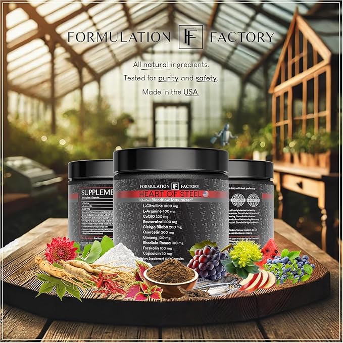 Heart of Steel: 10-in-1 Metabolic Maximizer Nitric Oxide Supplement, Blood Pressure Support, L Arginine, L Citrulline Natural Pre-Workout: Energy Management 240 Count (2 Pack)