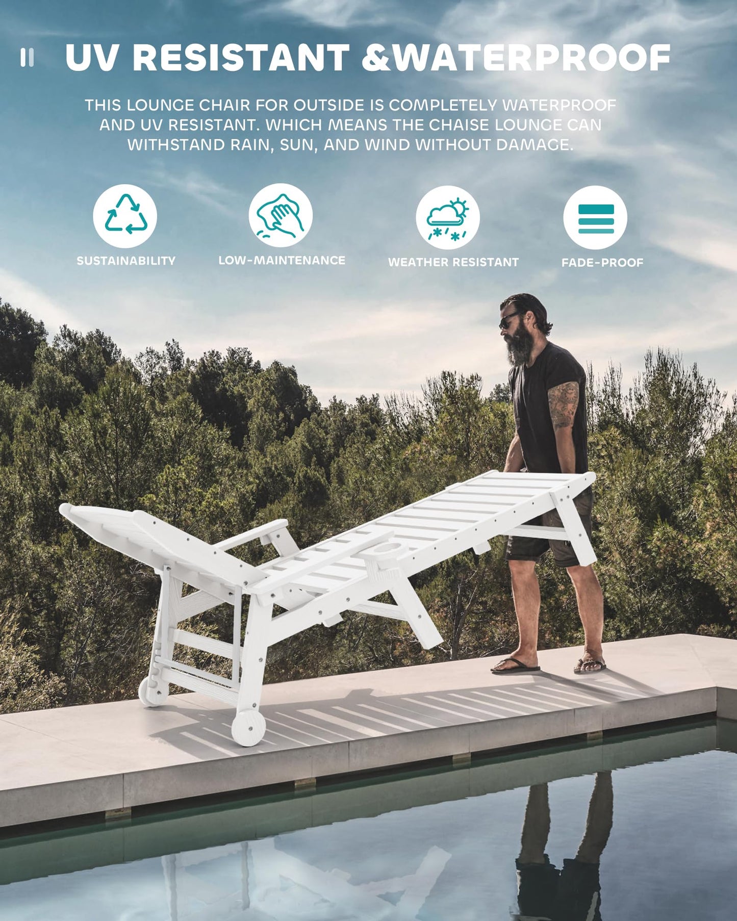 SERWALL Patio Chaise Lounge Chair Set of 4, 5 Positions Adjustable Poly Outdoor Lounger for Pool, HDPE Lounge Chair with Rolling Wheels & Cup Holder for Poolside, Deck, White