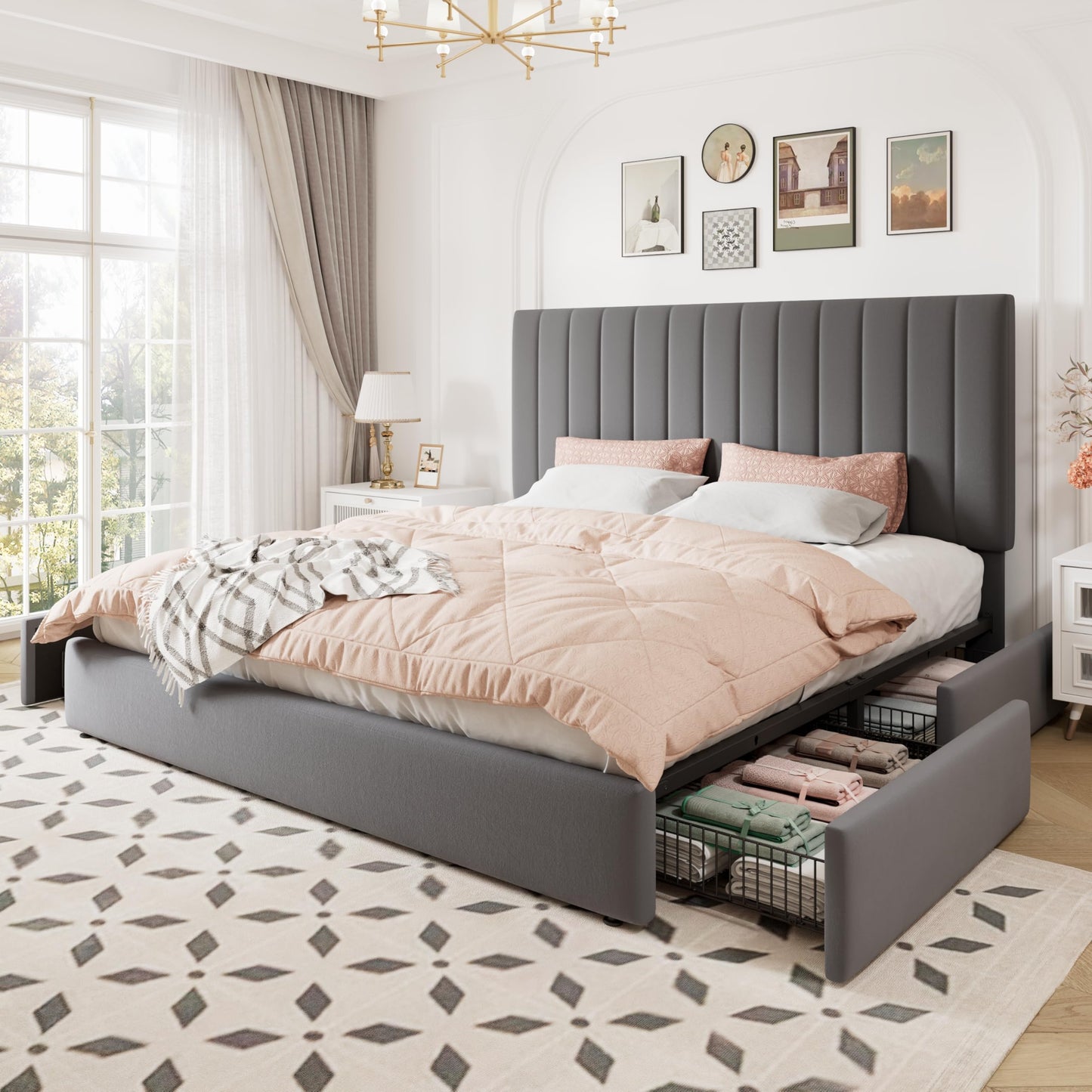 Allewie King Size Storage Bed Frame, Vertical Channel Tufted Adjustable Headboard, Velvet Upholstered Platform Bed with 4 Oversized Underbed Drawers, Wooden Slats Support, No Box Spring Needed, Grey