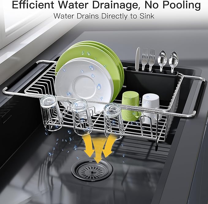 JASIWAY Dish Drying Rack in Sink with Mat, Expandable Stainless Steel Dish Drainers for Kitchen Counter, Space Saving Dish Dryer Rack for Inside Sink, Over Sink Dish Racks with Utensil Holder