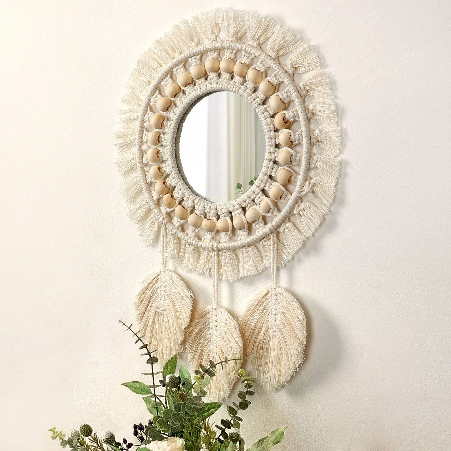 Dremisland Hanging Wall Mirror-Boho Macrame Fringe Round Decorative Mirror with Wood Beads Feather Pendant,Art Ornament for Apartment Home Bedroom Living Room