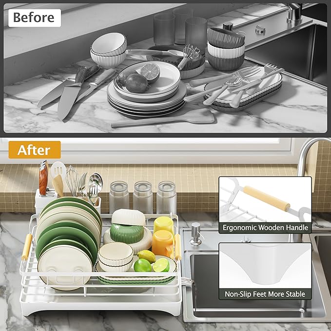 Epicano Dish Drying Rack for Kitchen Counter,Large Capacity,White | Raised Feet,Rustproof,Wooden Handle,Auto-Drainage System,Cup Holder & Knife Slots, Sink Storage Organizer