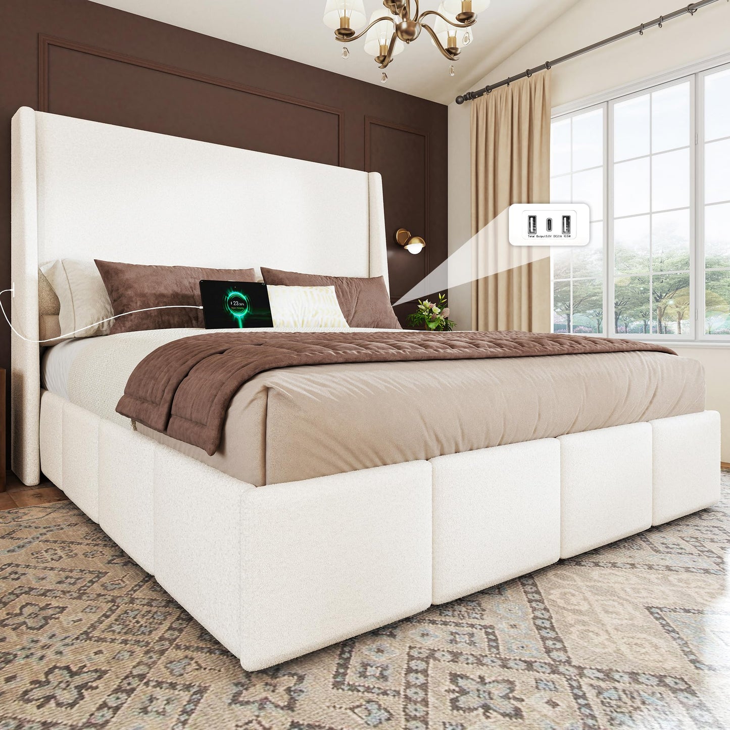 LARMACE Queen Size Bed Frame 54.2" Extra Tall Wingback Headboard, Lambswool Upholstered Platform Bed Frame with Legs Featuring Built-in Charging Ports, Wood Slats, No Box Spring Needed, White