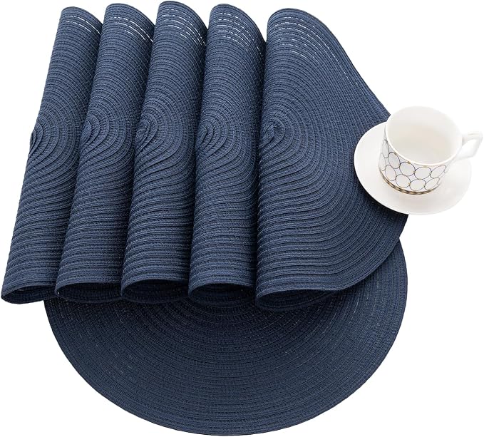 SHACOS Round Placemats Set of 6 Washable 15 inch Circle Polyester Woven Braided Place Mats for Dining Table Indoor Outdoor Table Mats Home Party Wedding Decor (Navy, 6)