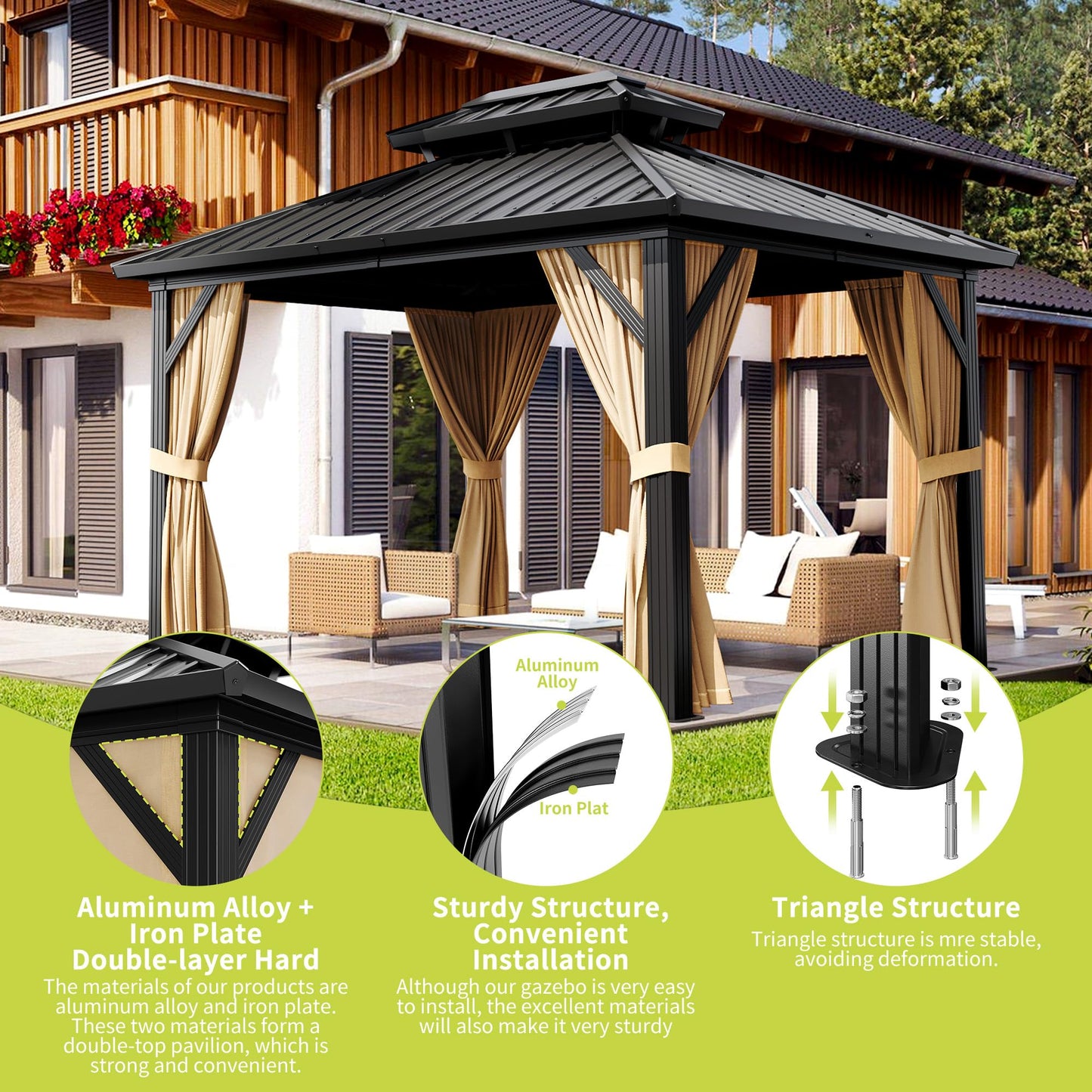 10x12FT Hardtop Gazebo, Heavy-Duty Aluminum Frame Canopy with Galvanized Steel Double Roof, Outdoor Pergola with Mosquito Netting & Waterproof Curtains for Patio, Backyard, Deck & Lawn