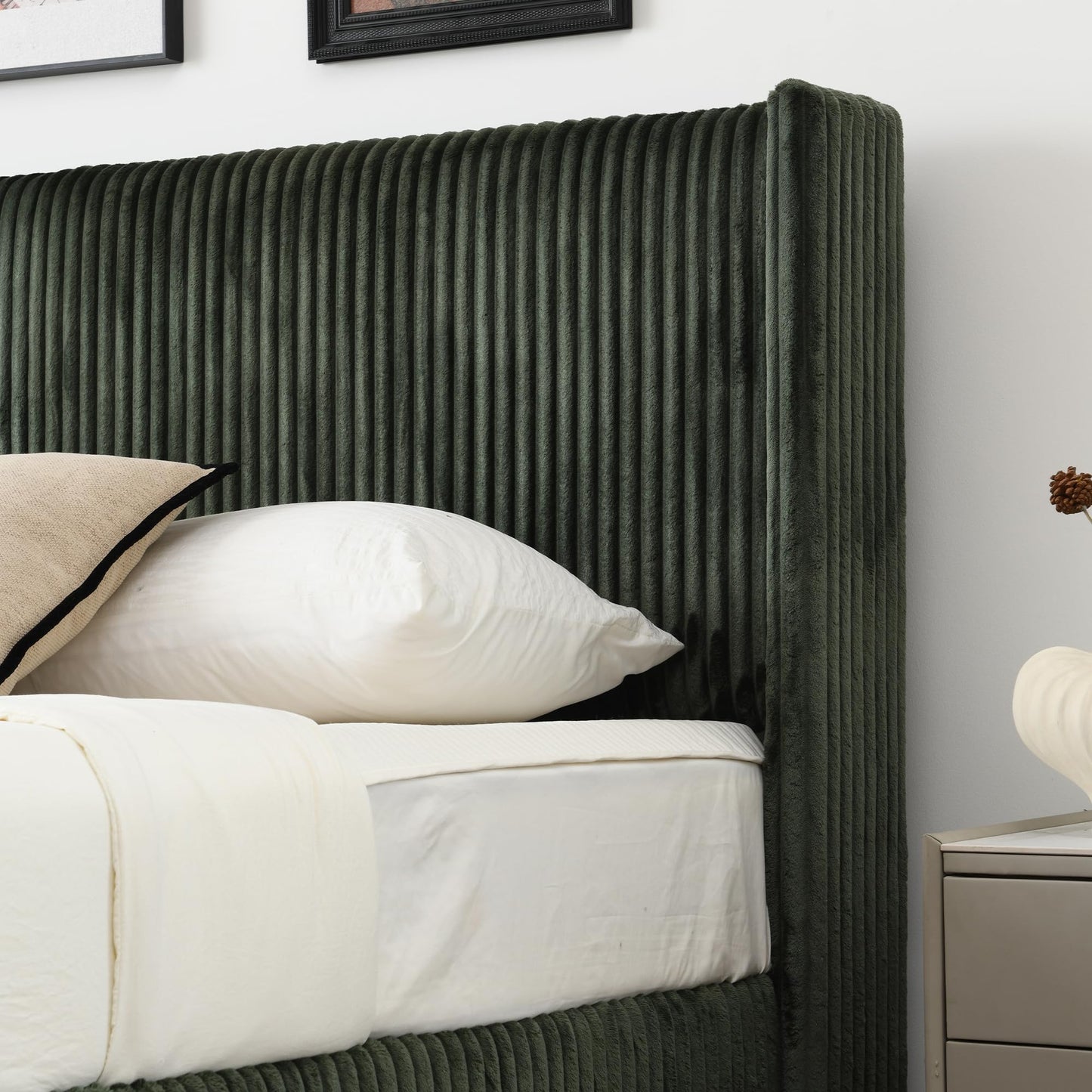 PINJU Full Size Bed Frame, Upholstered Platform Bed with Modern Vertical Striped Wingback Headboard with Wooden Slats, Easy to Assemble No Noise Free (Green, Full)