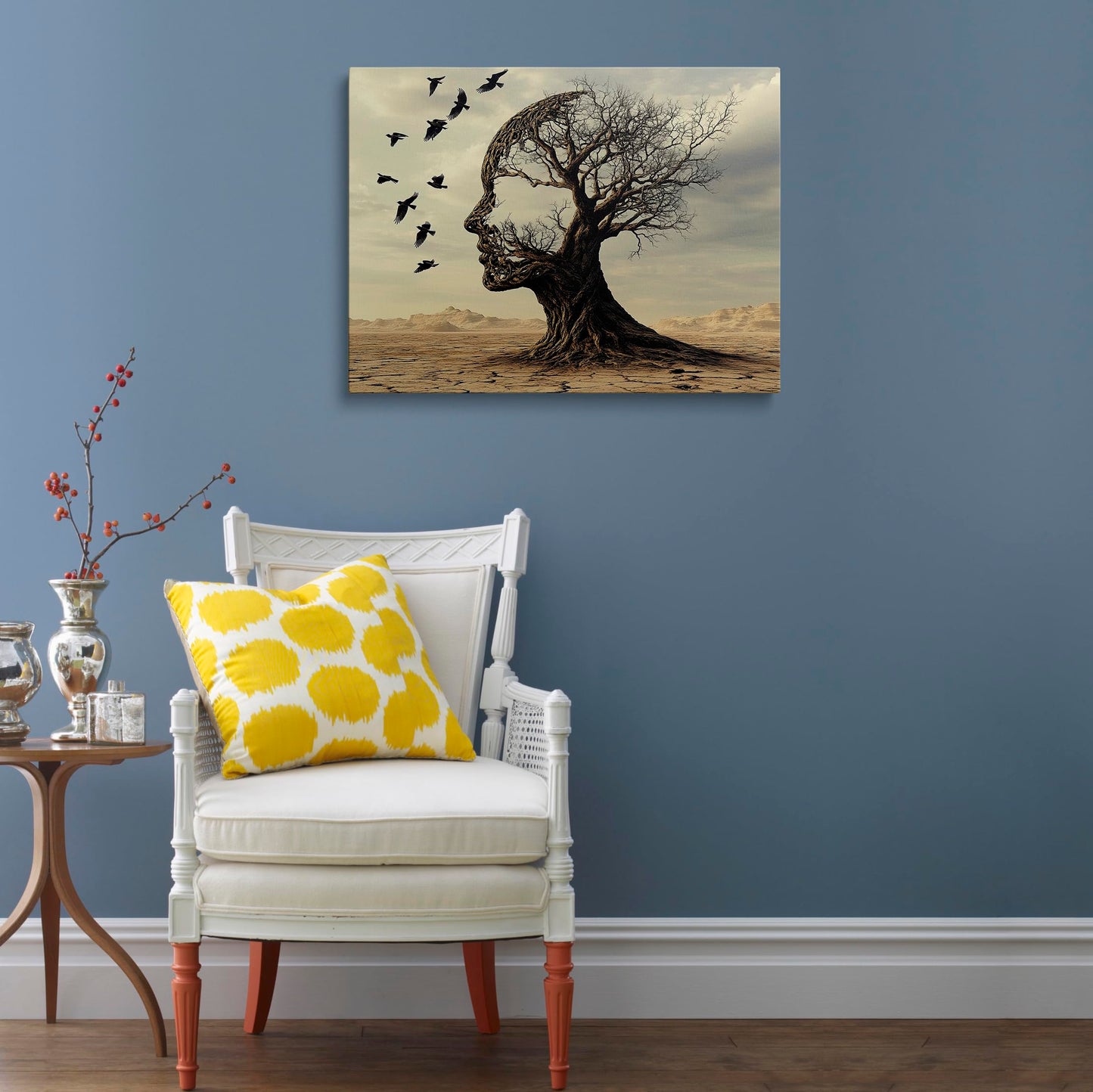 Silhouette of Head from Tree and Birds Canvas Wall Art Framed Thought Provoking Painting Prints Posters Artwork for Modern Wall Decor Contemplative Landscape Art Motivational Gift 16x24 Inches